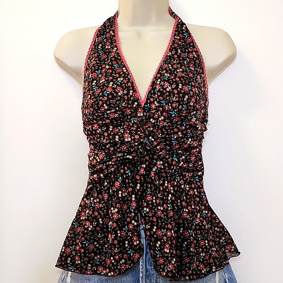Candie's Tops - Candie's Y2K  Baby  Doll Floral Halter Top - Black and Pink Sz Meduim